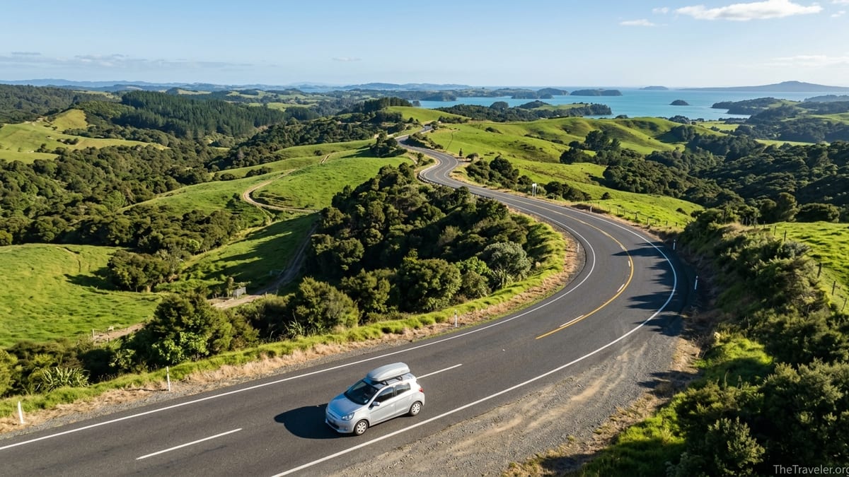 A car drives through green Northland hills toward the Bay of Islands under a clear afternoon sky.