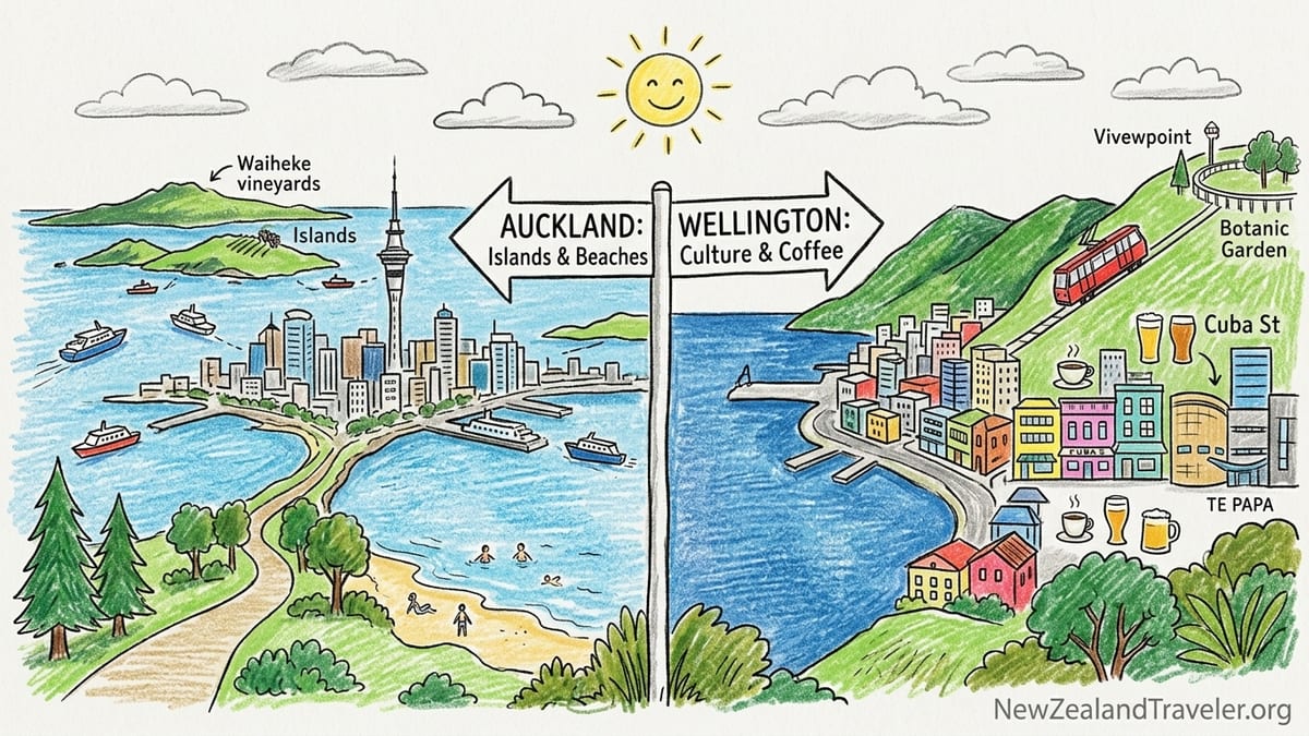 Harbour skylines of Auckland and Wellington with water, hills and city buildings at golden hour.