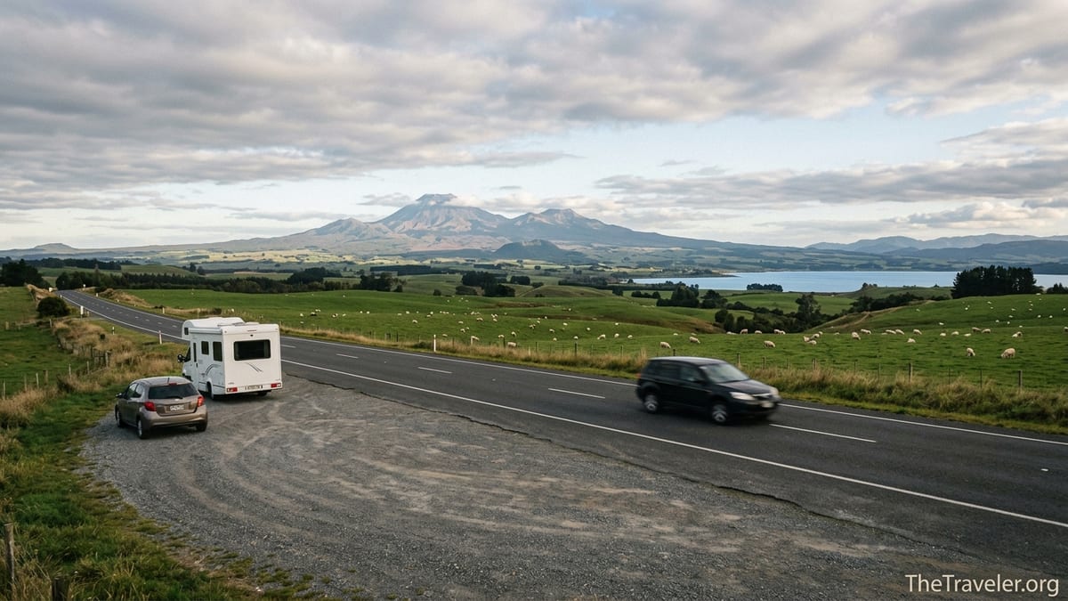 Rental car and campervan parked beside central North Island highway with distant volcanoes and farmland.
