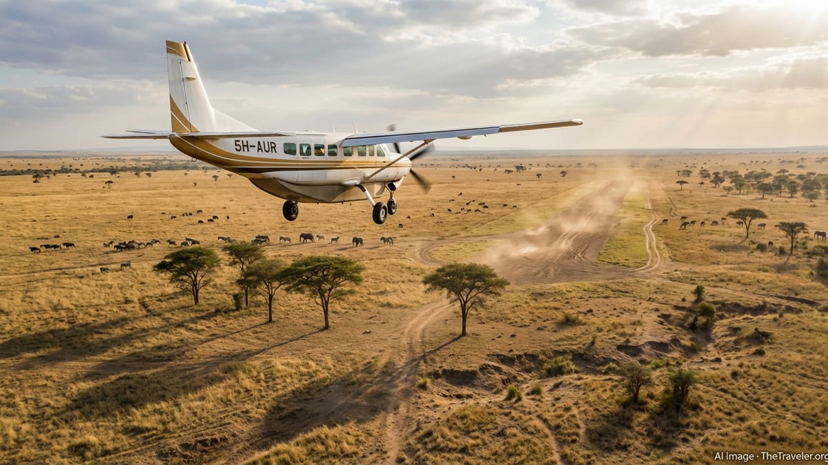 Auric Air Cessna Grand Caravan approaching a remote airstrip over the Serengeti plains at golden hour.