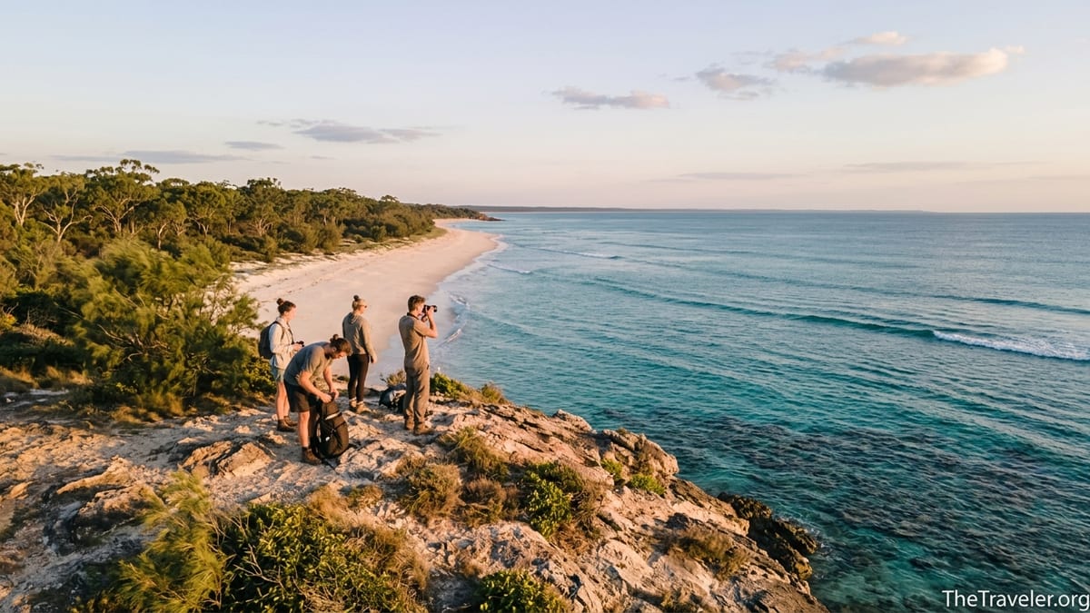 Aerial view of travelers on an Australian coastal headland above turquoise reef and empty white sand beach at sunset.