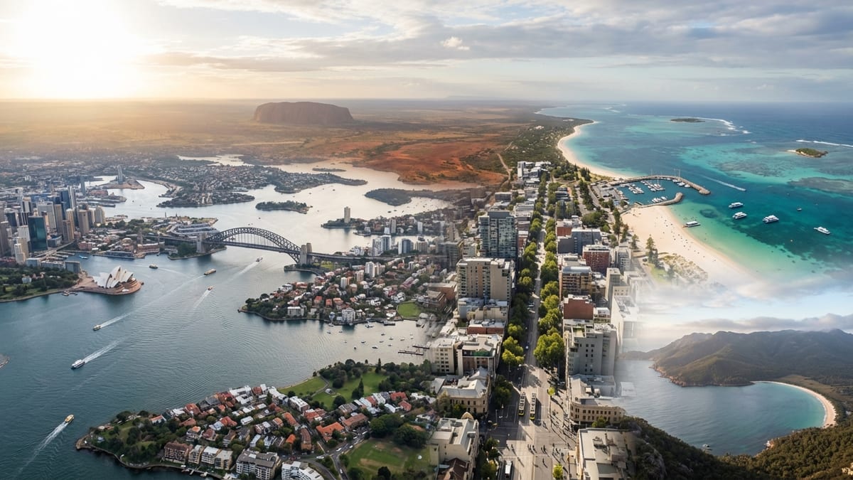 Aerial view of diverse Australian landscapes featuring Sydney Harbour, Melbourne streets, Queensland beaches, and the Outback.