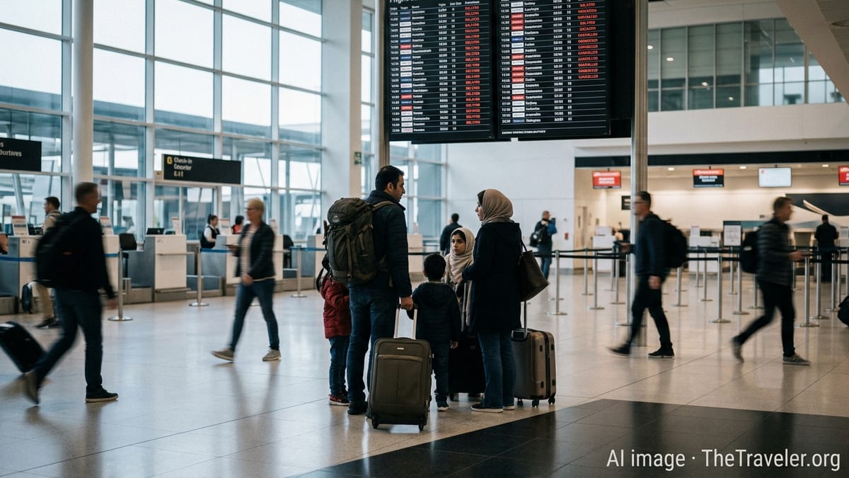 Iranian travelers with luggage pause at Sydney airport departures board amid changing flight statuses.
