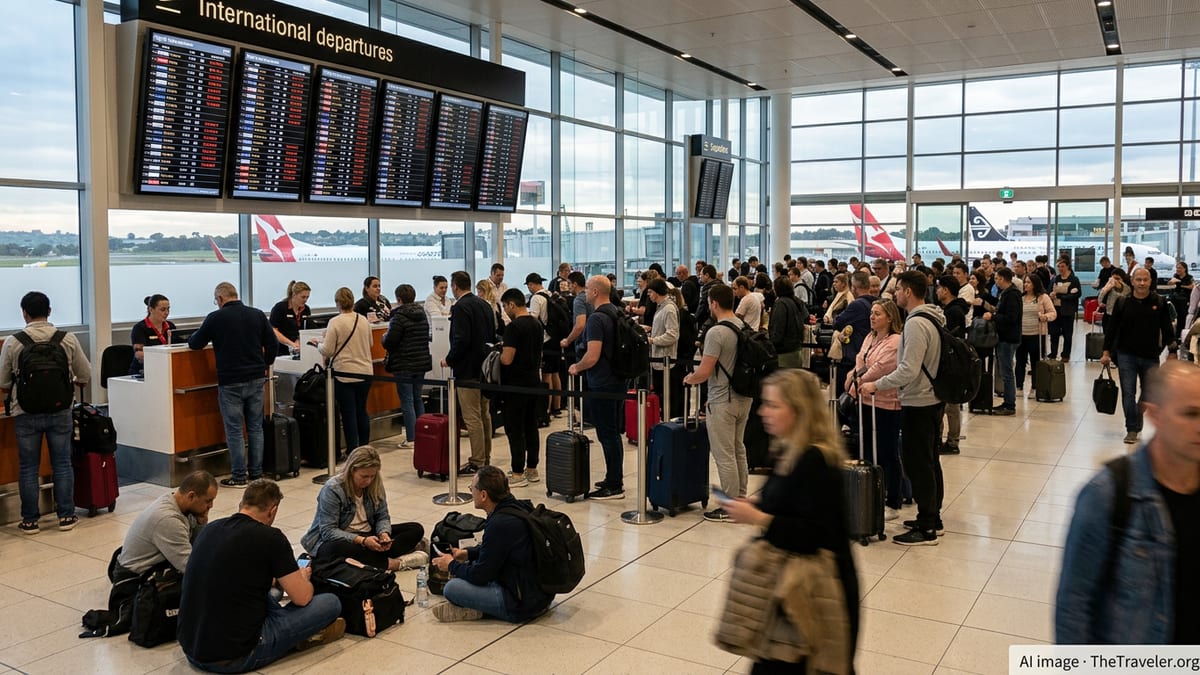 Crowded departure hall with long queues of delayed passengers at a major Australian airport.