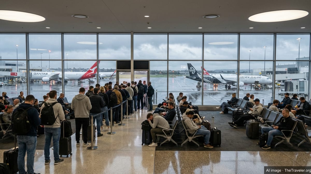 Passengers waiting in a busy Sydney or Melbourne airport as rain delays Qantas and Air New Zealand flights.