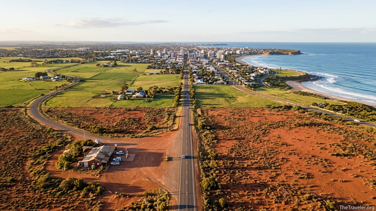 Aerial view of Australian desert highway fading into green farmland and coastal city by the ocean at sunset.