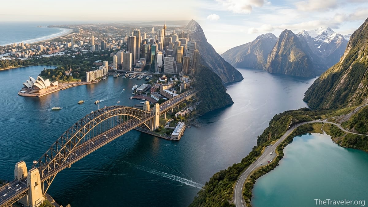 Aerial view contrasting Sydney harbour with a New Zealand fjord at golden hour.