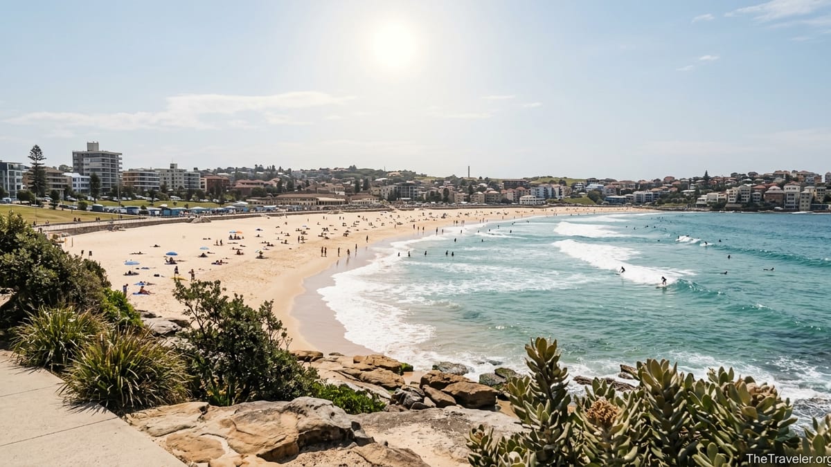 Wide coastal view of Bondi Beach in Sydney with surfers, swimmers and hillside buildings under a bright sky.