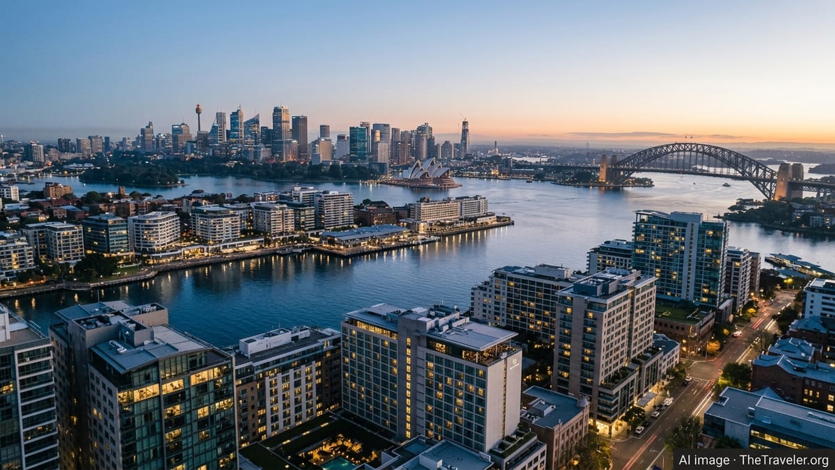 Aerial twilight view of Sydney waterfront hotels glowing over the harbour.