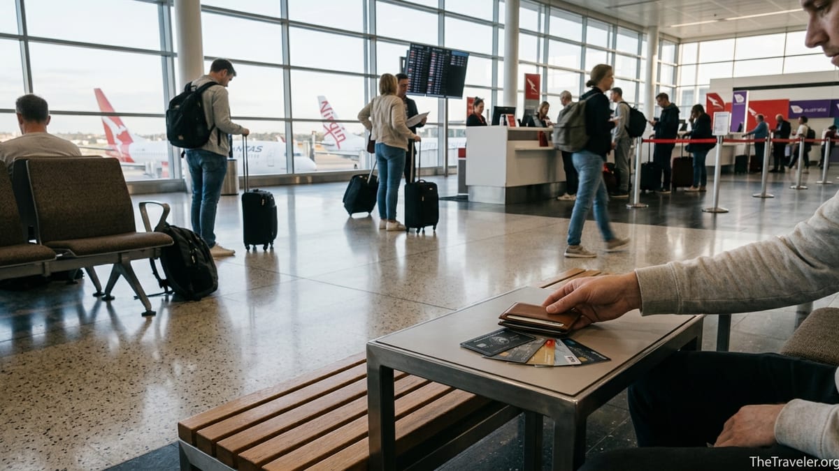 Traveller at Sydney Airport placing a wallet with several Australian travel credit cards on a table.