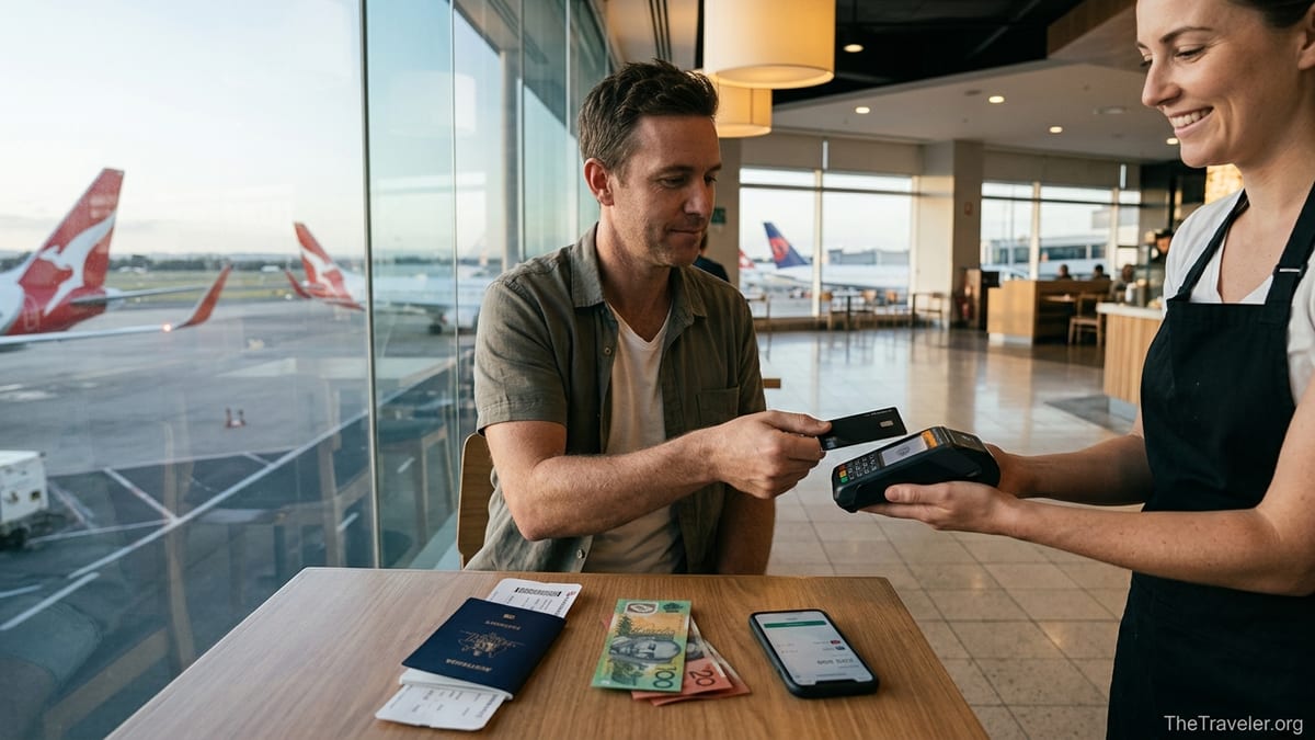 Traveller tapping a black credit card at an airport cafe with planes outside.