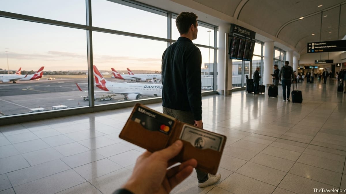 Traveller in Sydney Airport holding wallet with travel credit cards overlooking Qantas planes at sunset.
