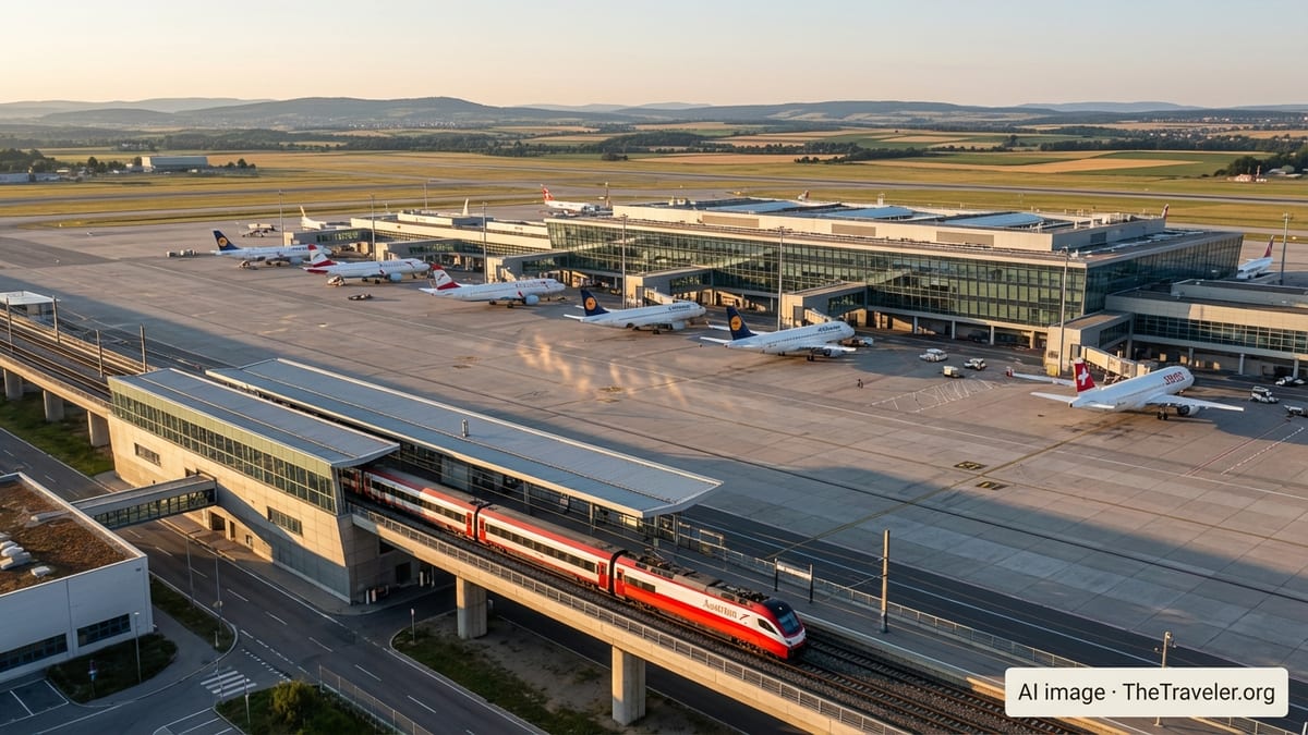 Aerial view of Vienna airport terminal with trains and planes at golden hour