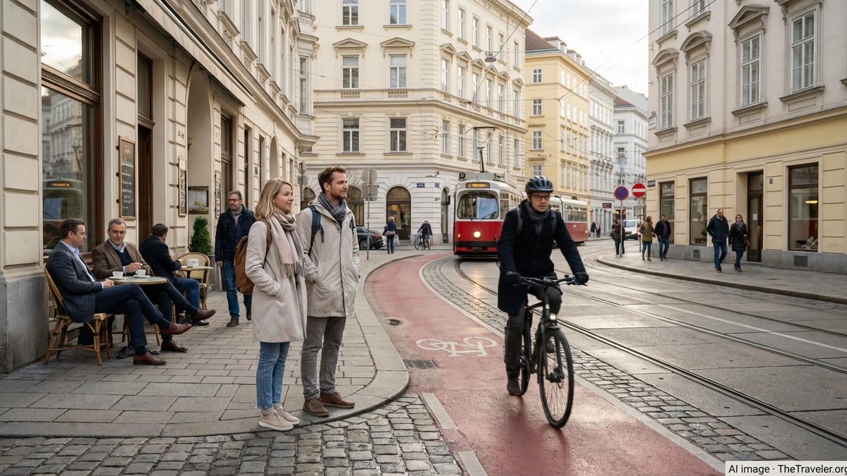 Travelers in Vienna carefully avoiding a bike lane as a cyclist passes along a cobbled street.