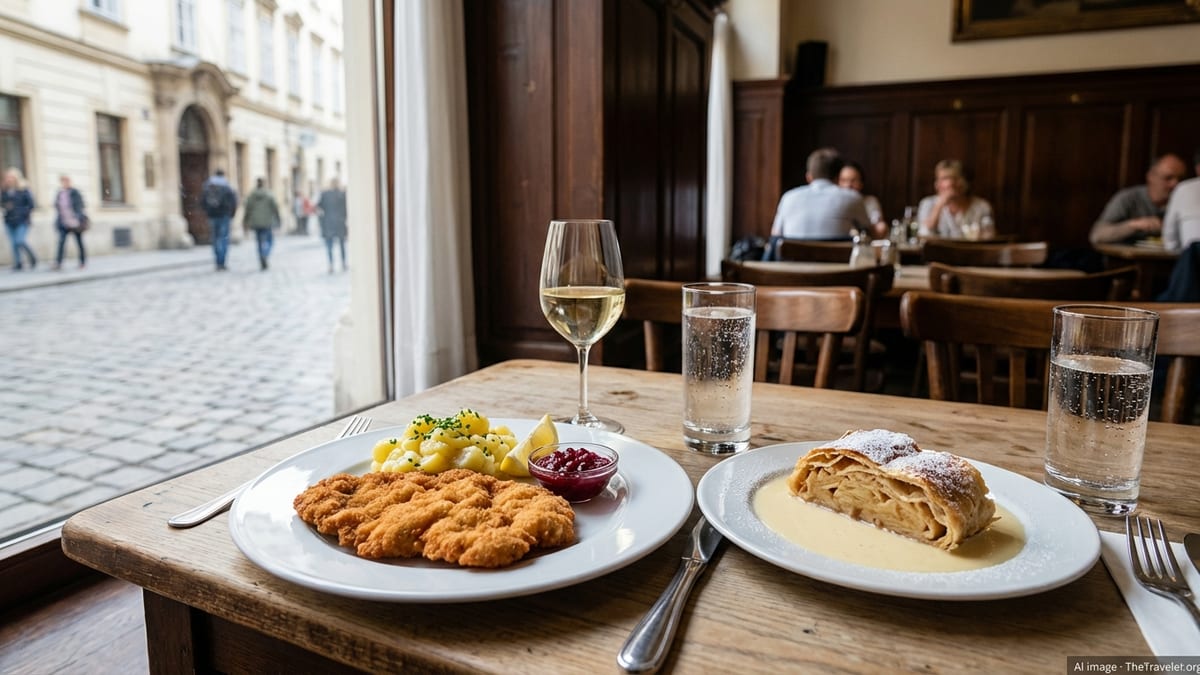 Wiener schnitzel and apple strudel on a wooden table in a Viennese restaurant.