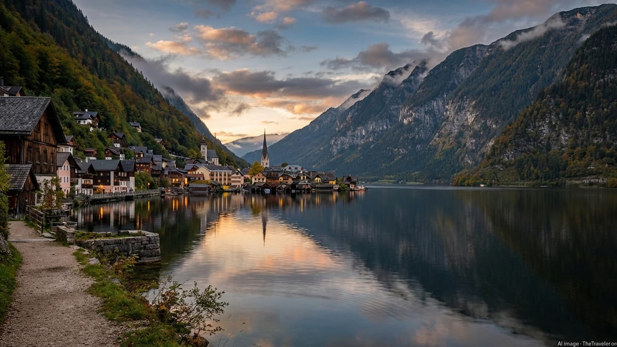 Evening view of Hallstatt village between a calm lake and steep Austrian mountains.