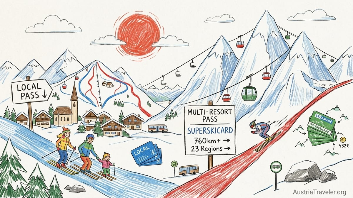 Skier reading a piste map at a large Austrian ski area with lifts and snowy peaks in the background.