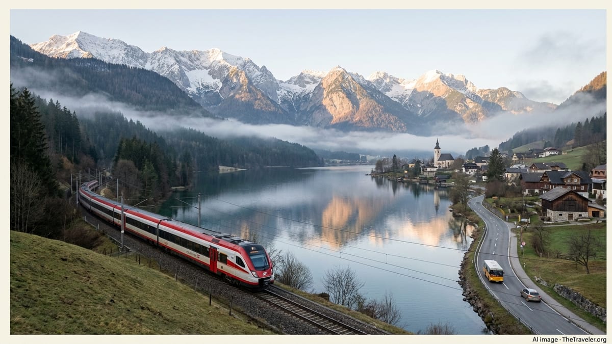 Railjet train, bus and car traveling through an Austrian alpine valley beside a lake
