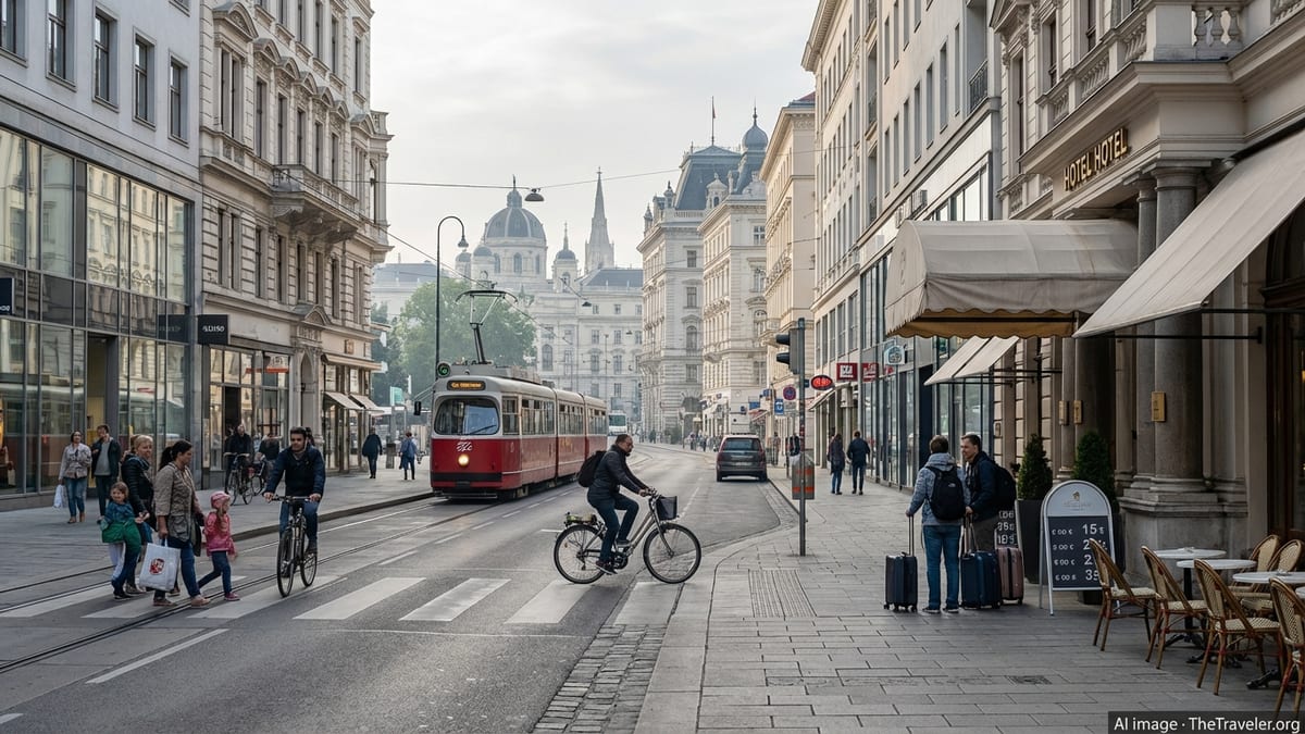Street scene in central Vienna with tram, hotels, and pedestrians on a bright morning