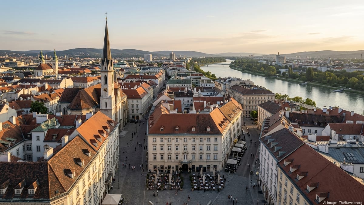Panoramic view over historic Vienna at golden hour with cathedral spire and rooftops.