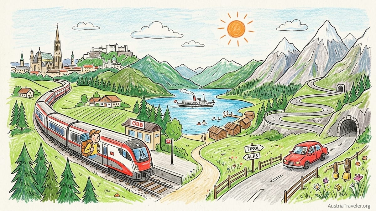 Austrian lake with distant Alps, lakeside promenade and small ferry on a calm summer afternoon.