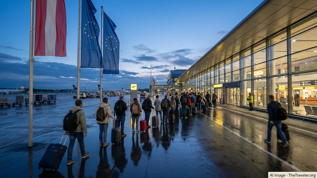 Travelers with luggage outside Vienna airport terminal under Austrian and EU flags at dusk.