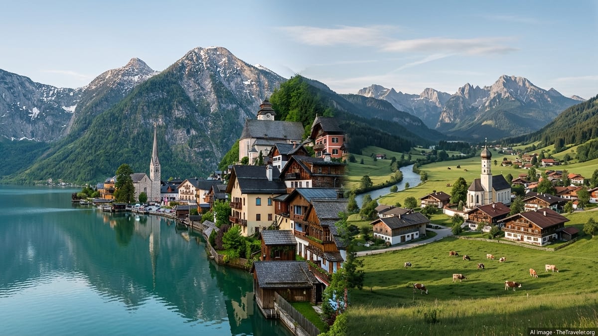 Panoramic view contrasting an Austrian lakeside village and a German Alpine valley under clear morning light.