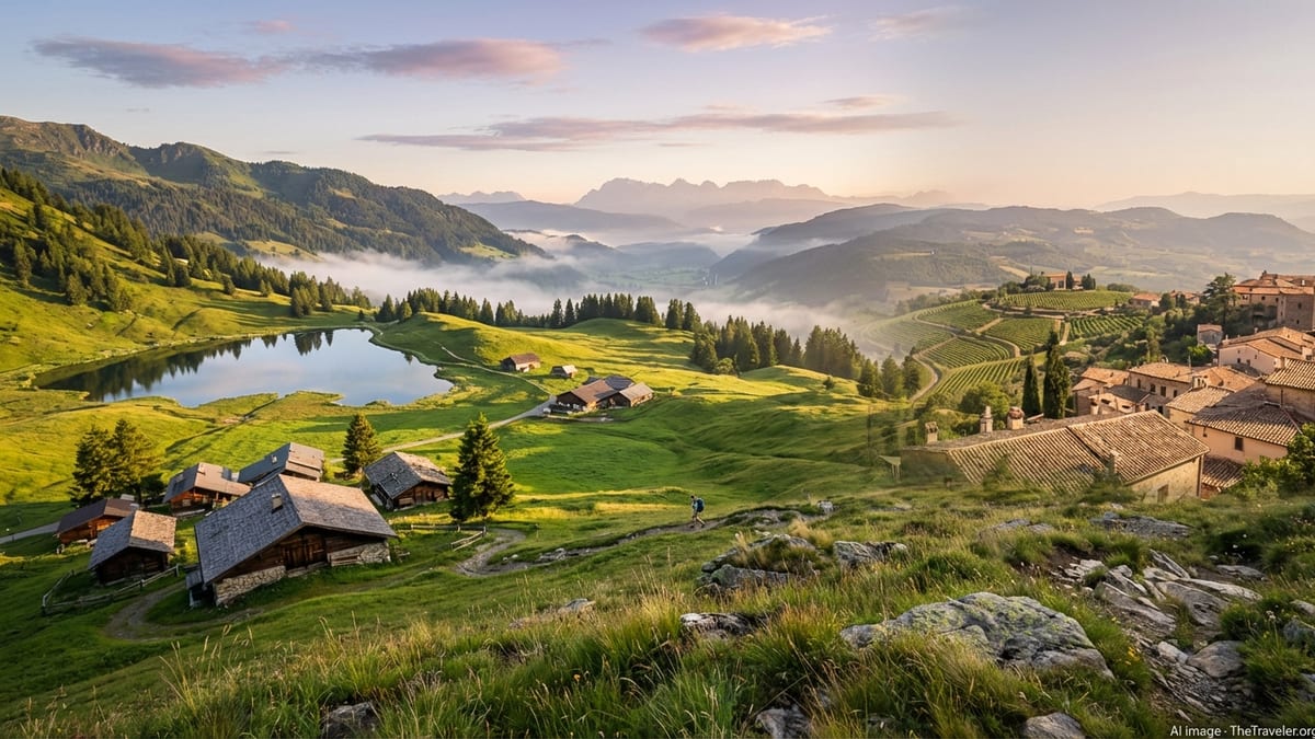 Alpine valley at sunrise with Austrian chalets, lake and distant Italian mountains.