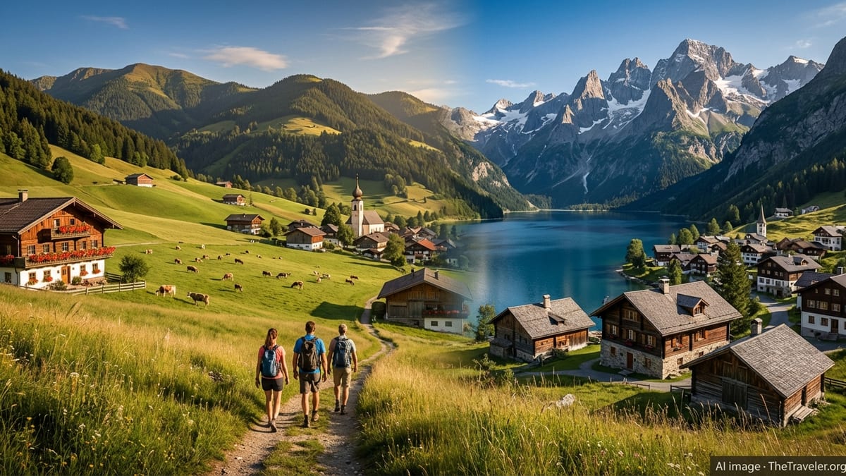 Panoramic alpine landscape contrasting an Austrian valley and a Swiss lakeside village in summer.