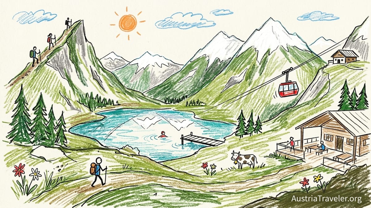 Hikers on an alpine trail above a green Austrian valley with rugged peaks beyond.