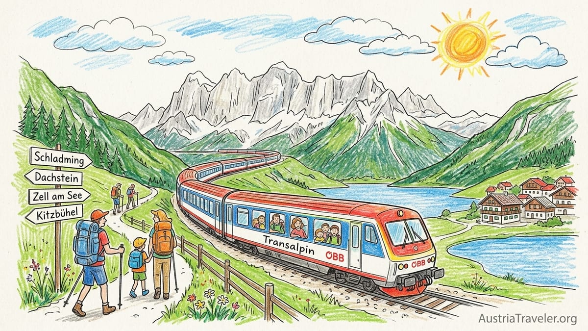 EuroCity train passing through a green alpine valley beneath the Dachstein peaks in Austria.