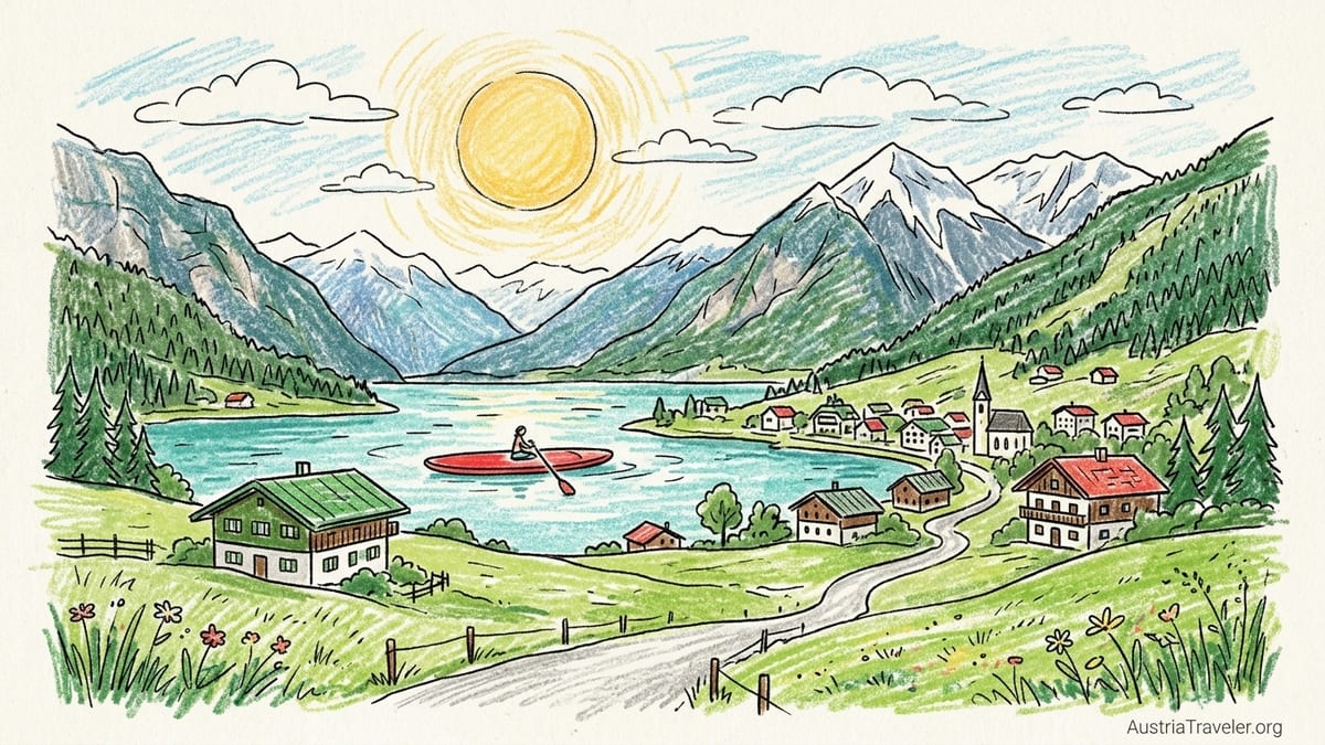 Summer hiking trail above an Austrian alpine lake with village and peaks in the background.