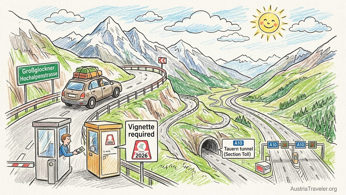 Compact car parked at an Austrian Alpine roadside viewpoint above a green valley and snow-streaked peaks.