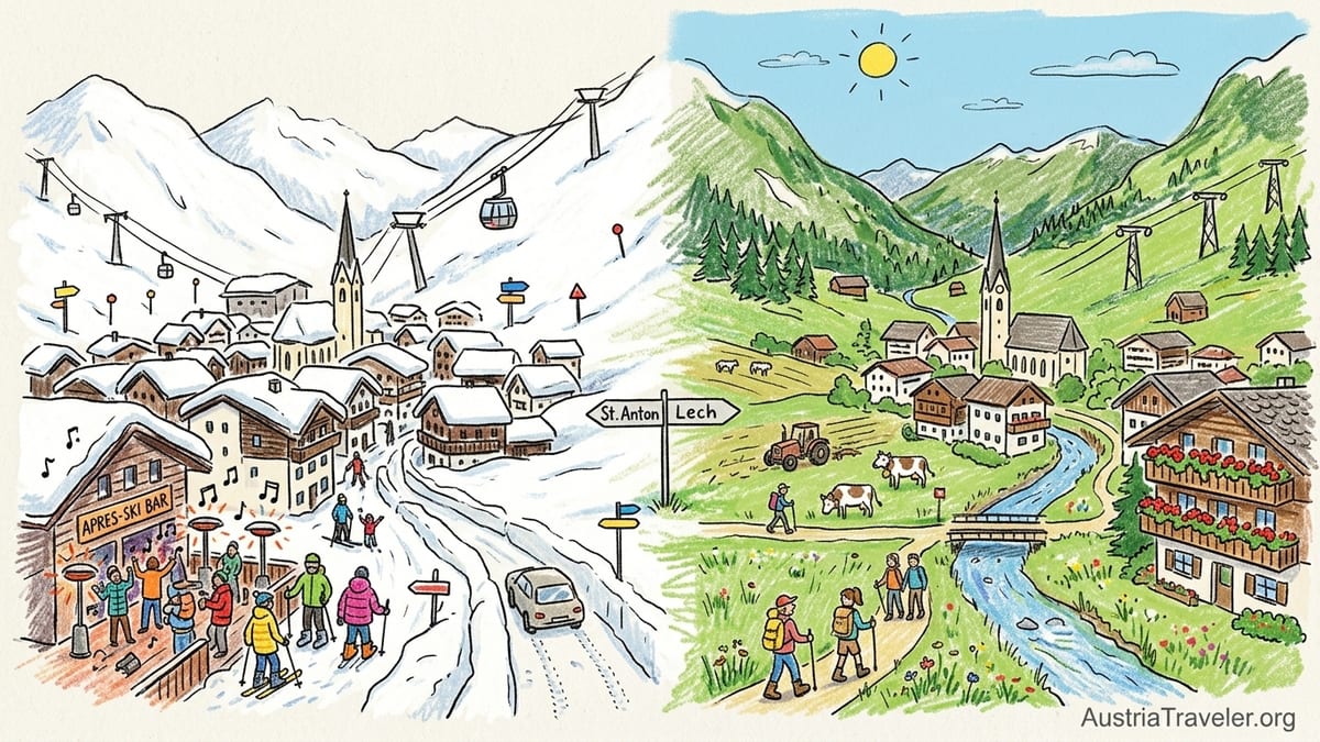Winter and summer views of Austrian Arlberg villages and mountains in one wide alpine panorama.