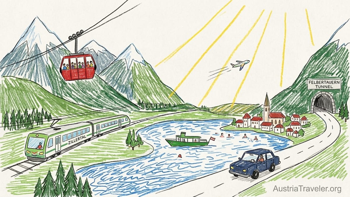 Summer view over an Austrian Alpine valley with town, farms, cable car and surrounding peaks.