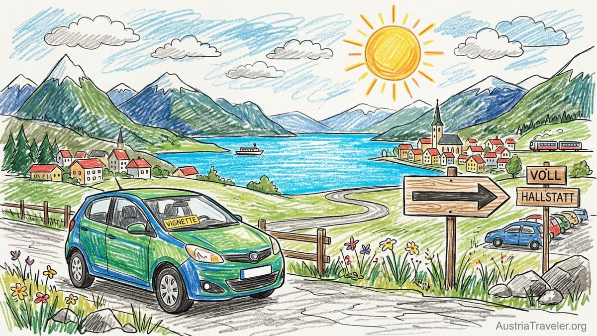 Lakeside road above Wolfgangsee in Austria with a parked car and mountains at sunset.