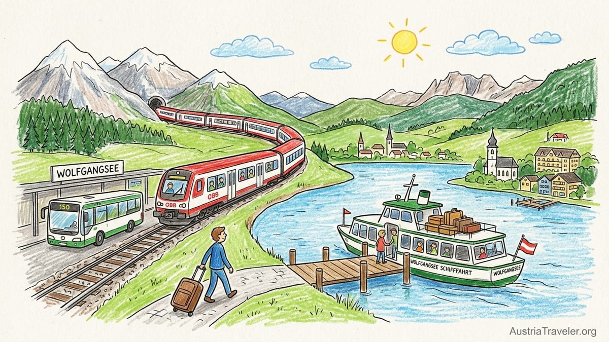 Passengers with luggage disembark a regional boat at an Austrian lakeside pier in front of chalet houses and mountains.