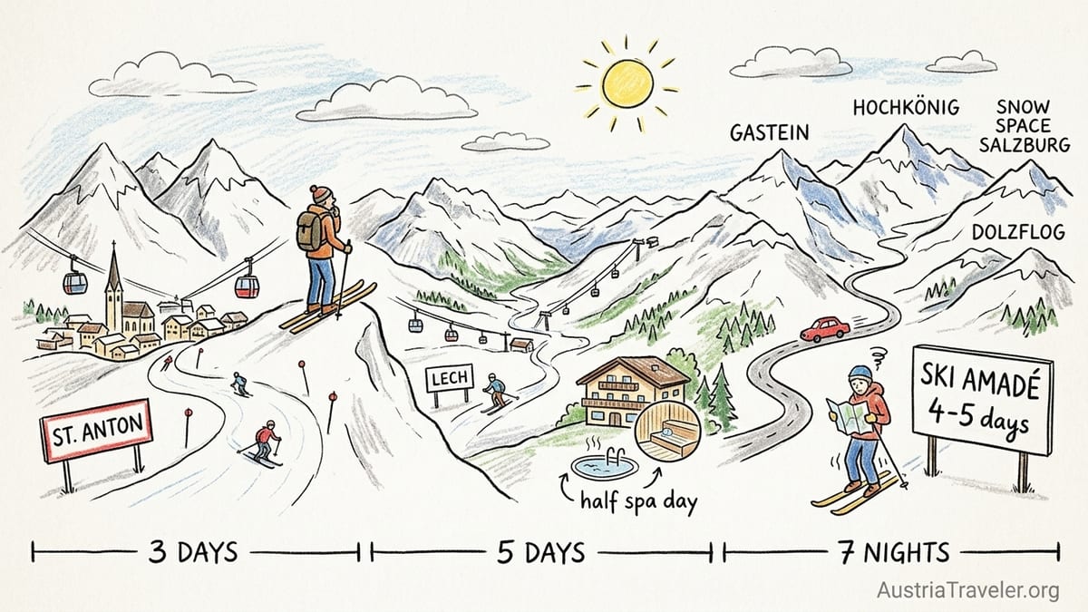 Austrian ski village at sunrise with skiers heading toward lifts and wide pistes.