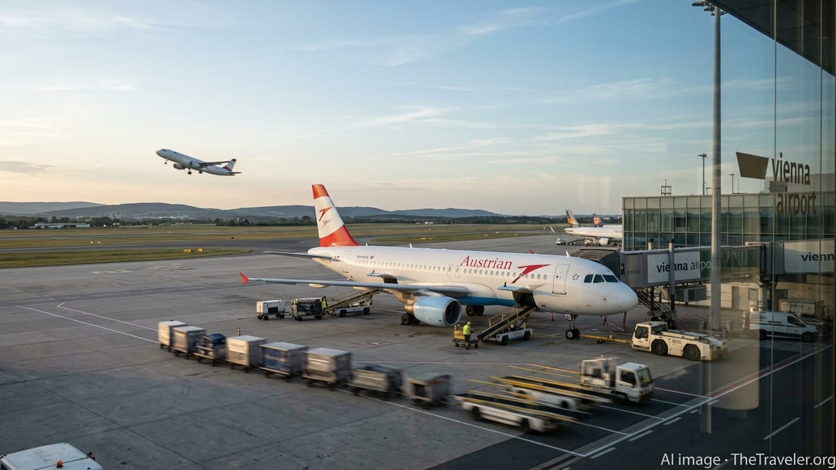 Austrian Airlines jet at Vienna Airport gate during golden hour with busy ramp activity.