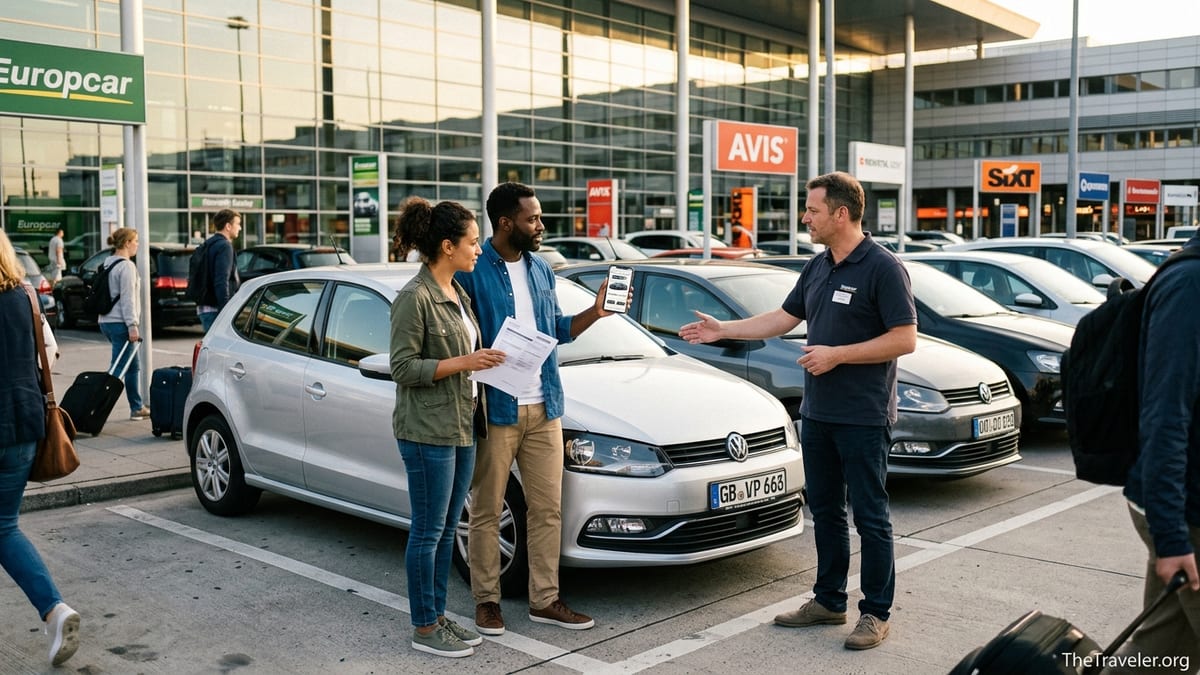 Travelers comparing car rental options on a phone beside a compact car at a European airport.