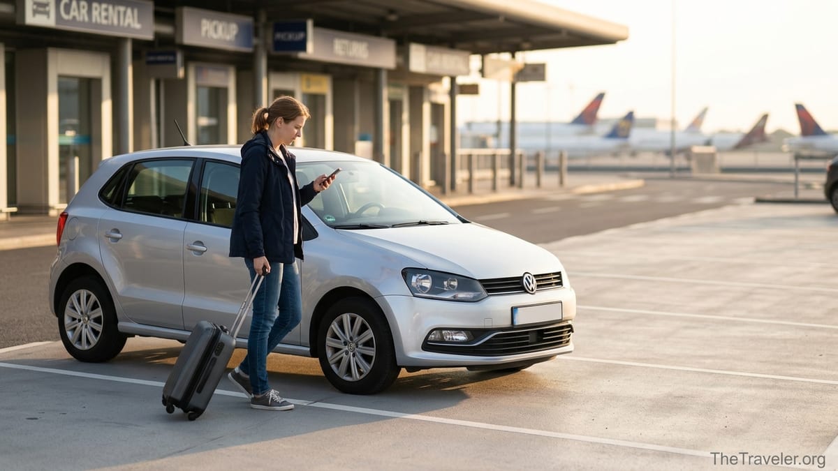Traveler comparing car rental options on a phone beside a compact car at a European airport.