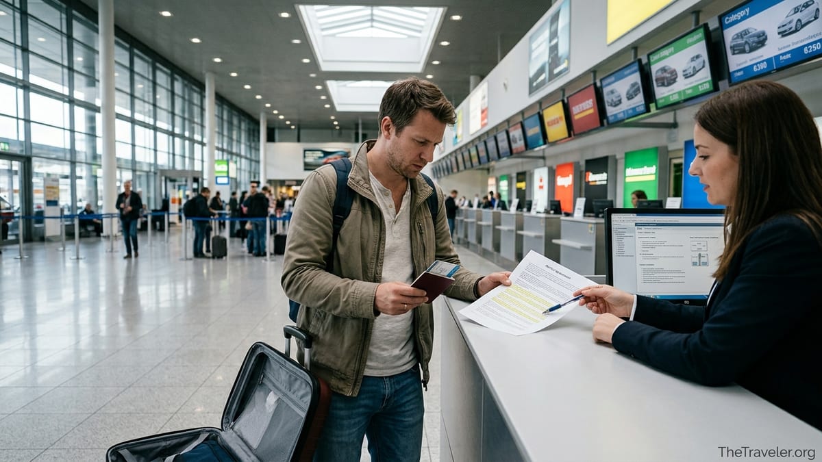Traveler reviewing fine print on a rental car agreement at an airport counter.