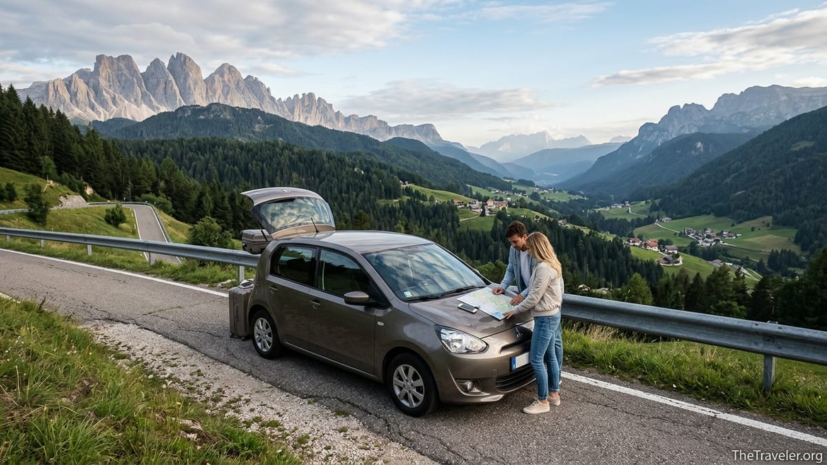 Couple with rental car planning a road trip at a mountain overlook in Europe.