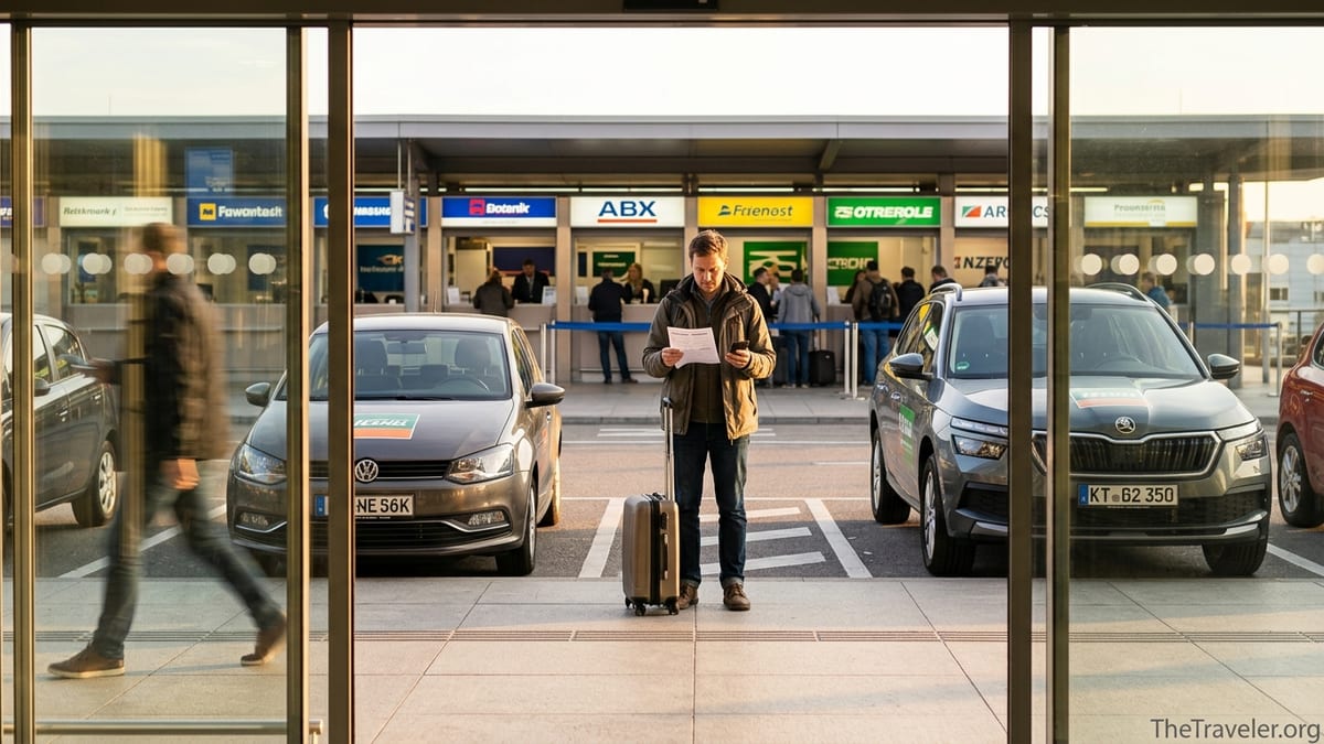 Traveler choosing between rental cars at a European airport pickup area at sunset