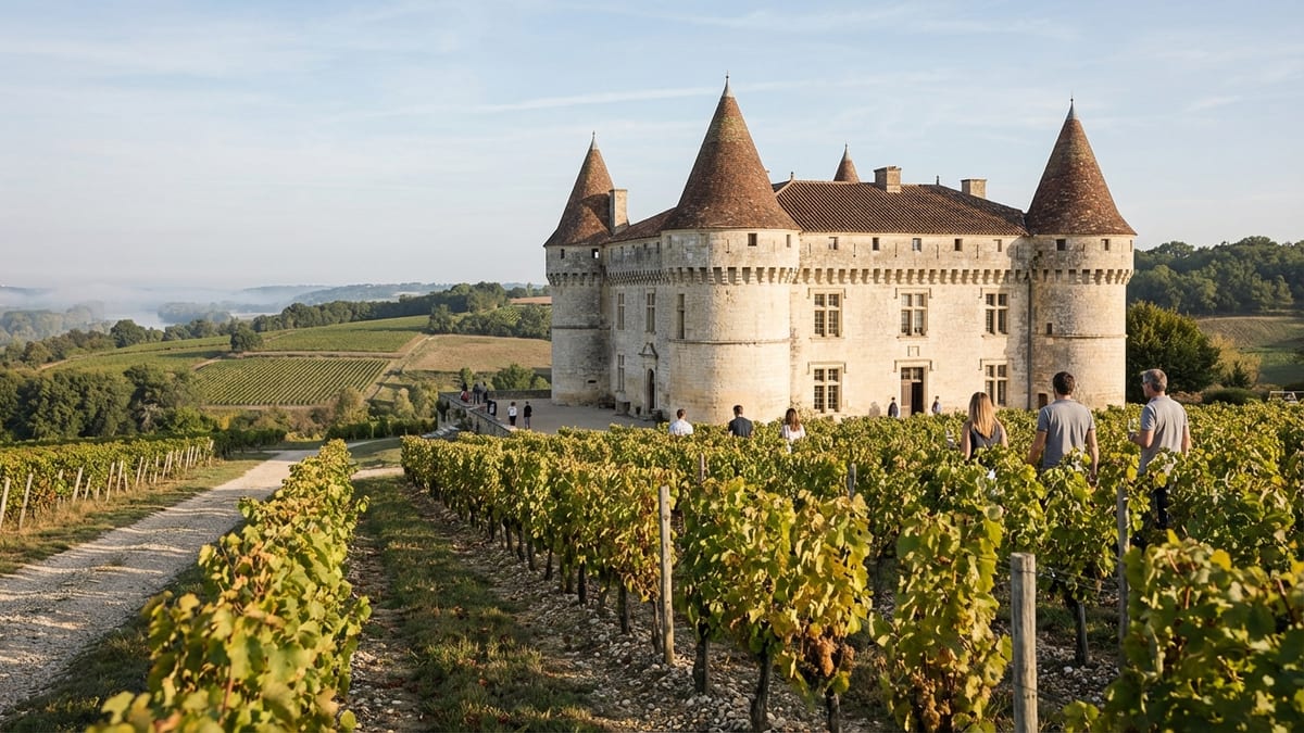 Autumn view of Château de Monbazillac amidst vineyards in soft afternoon light.