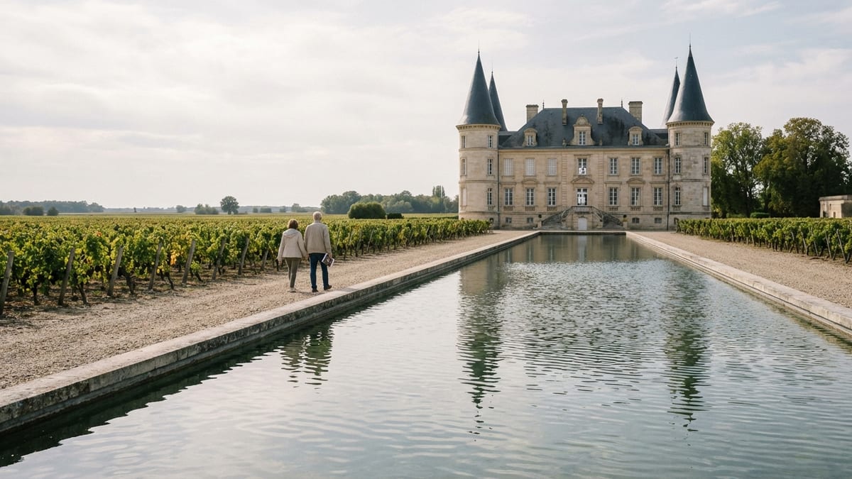 Autumn afternoon at Château Pichon Baron, reflecting pool, vineyards, and strolling couple.