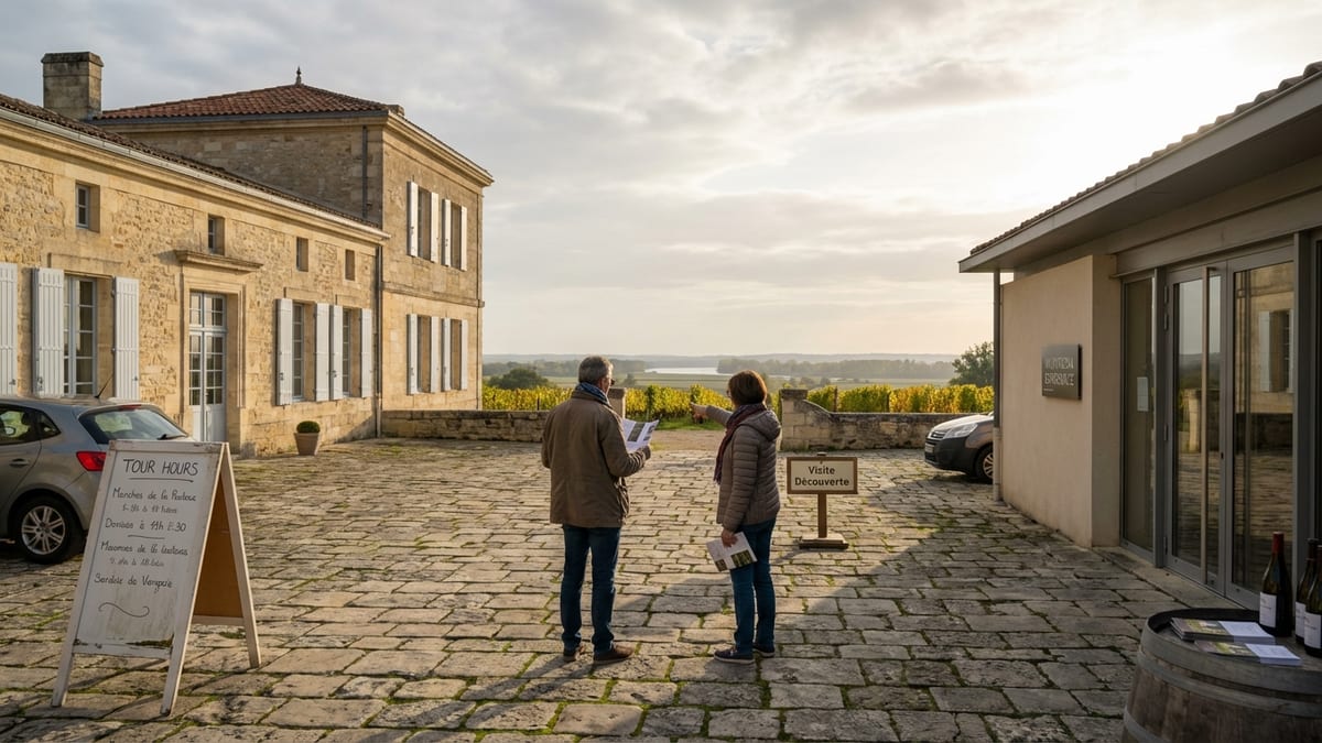 Autumn afternoon at Château de Portets, visitors exploring the vineyard.