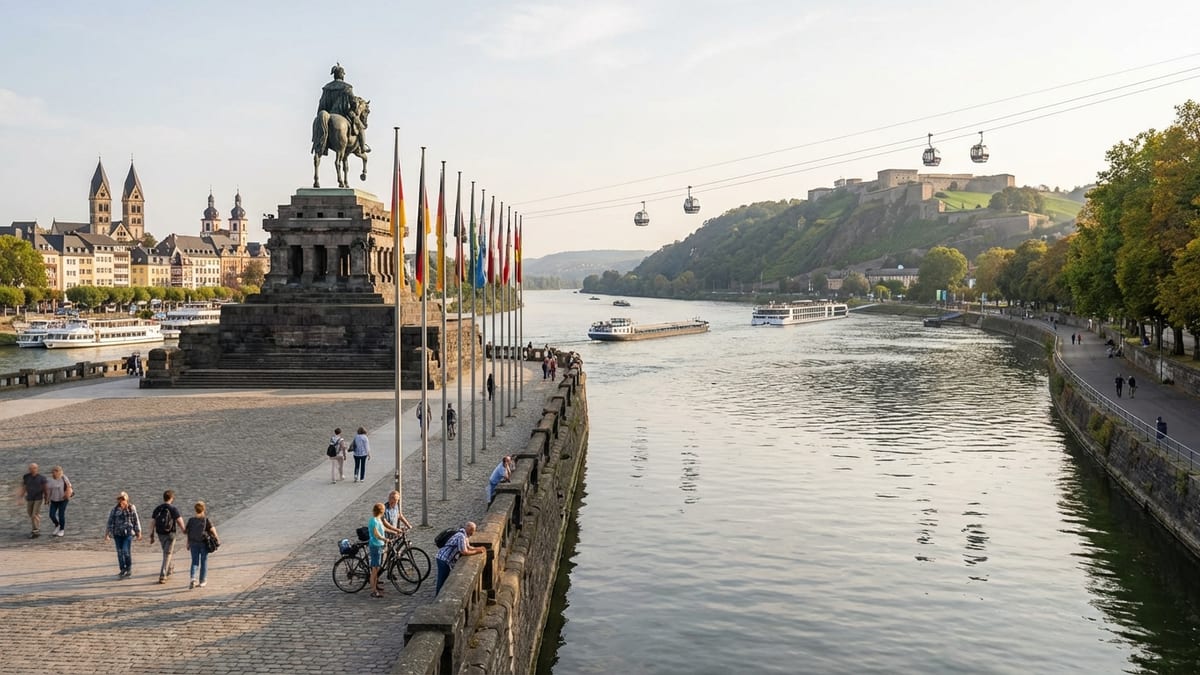 Autumn afternoon at Deutsches Eck, Koblenz, showcasing Rhine and Moselle confluence.