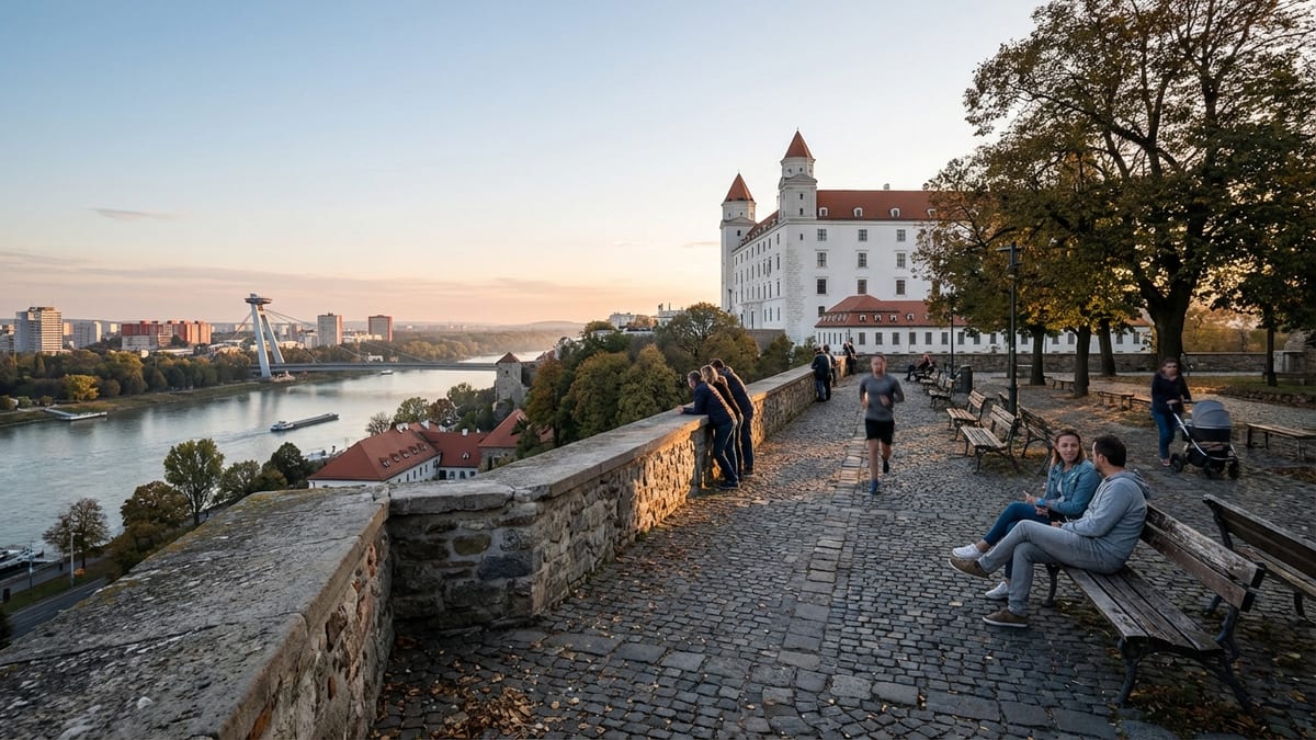 Autumn evening view of Bratislava Castle and city from elevated terrace.