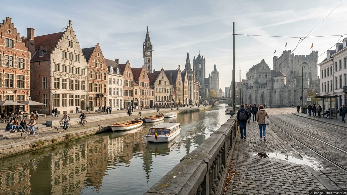 Autumn afternoon view of Ghent's medieval core from St. Michael's Bridge.
